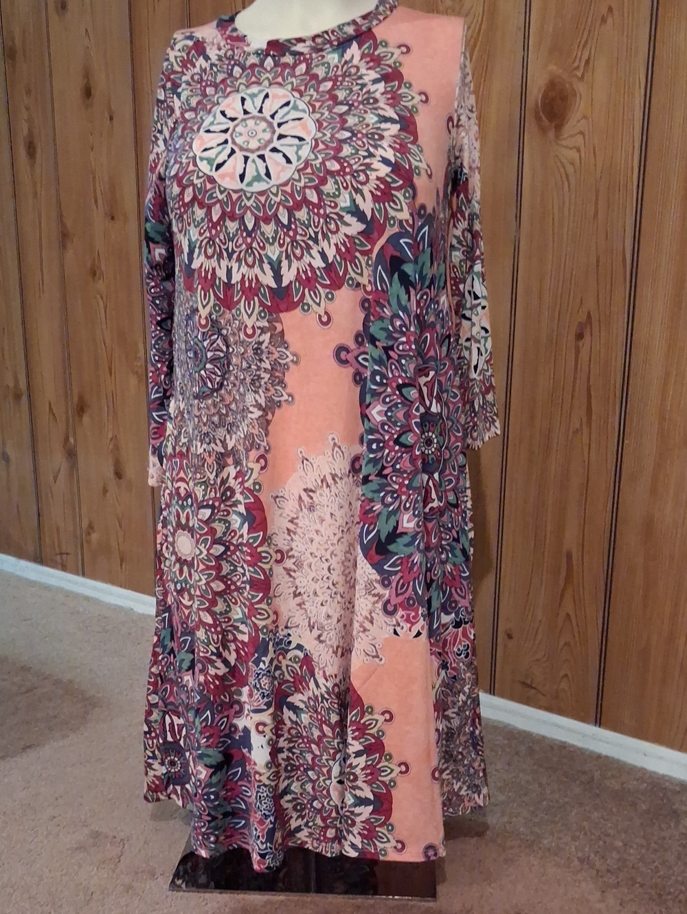 Janette Plus Peach Floral Mandala Tunic with Teal & Burgundy Accents